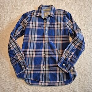 Mini Boden boys 11-12 plaid button down shirt, blues & white & red EUC